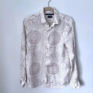 Perry Ellis 100%Linen Long Sleeve Floral Beige Button Down Shirt Size Small